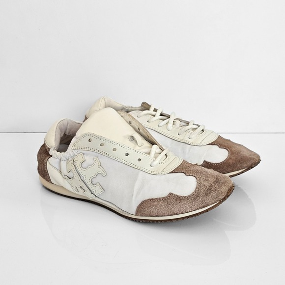 Tory Burch Cream Leather & Suede Logo Sneakers | Size US 6 | Neutral Trainer - Picture 12 of 13